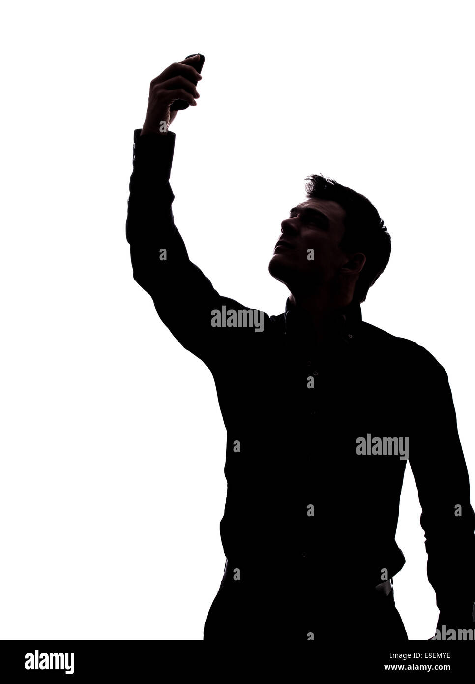Mann sucht Netzwerk Silhouette isoliert auf weißem Hintergrund Stockfoto