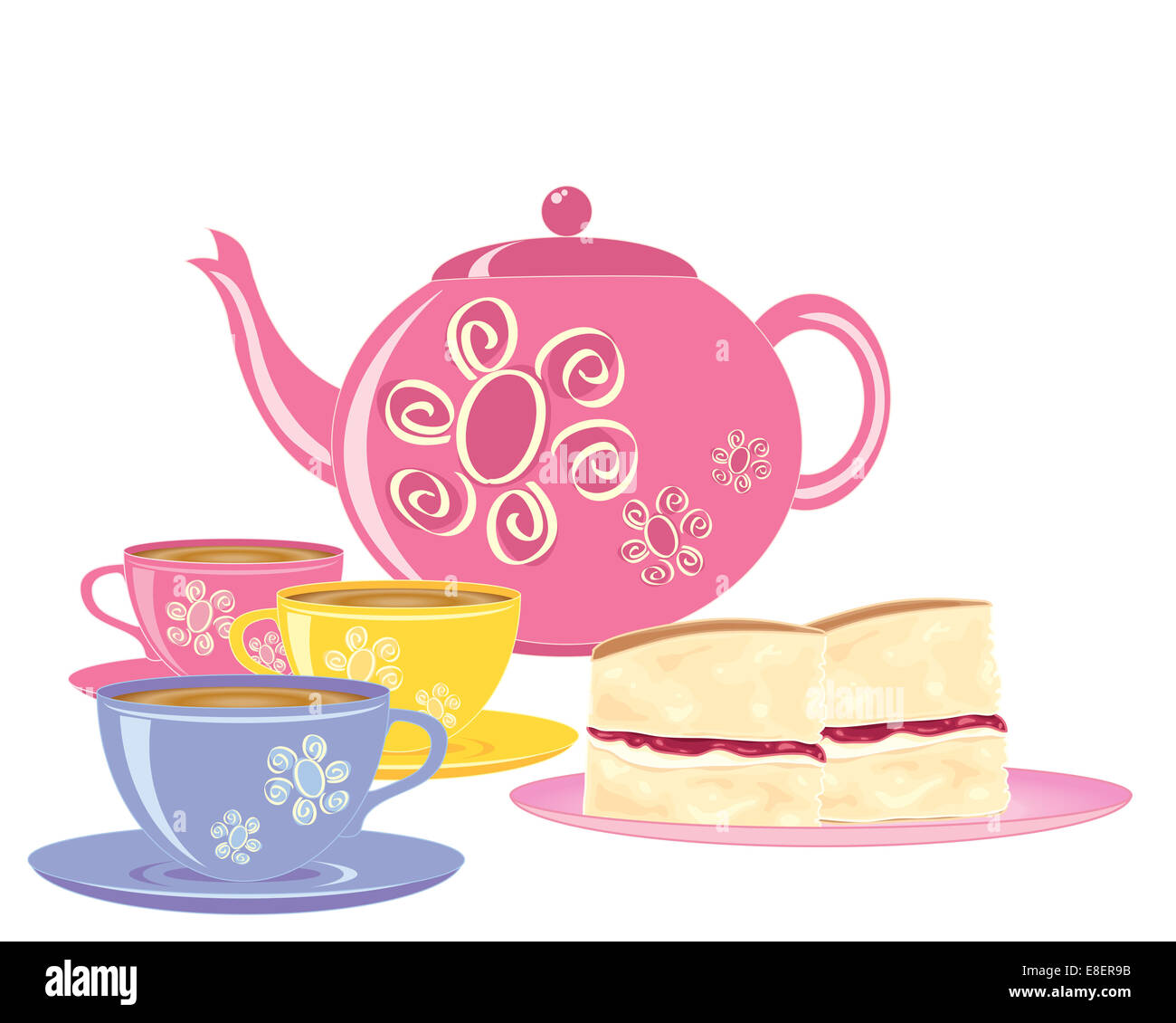ein Beispiel für eine rosa Teekanne mit passenden Teetassen und einen Teller mit Scheiben von Victoria Biskuit auf weißem Hintergrund Stockfoto