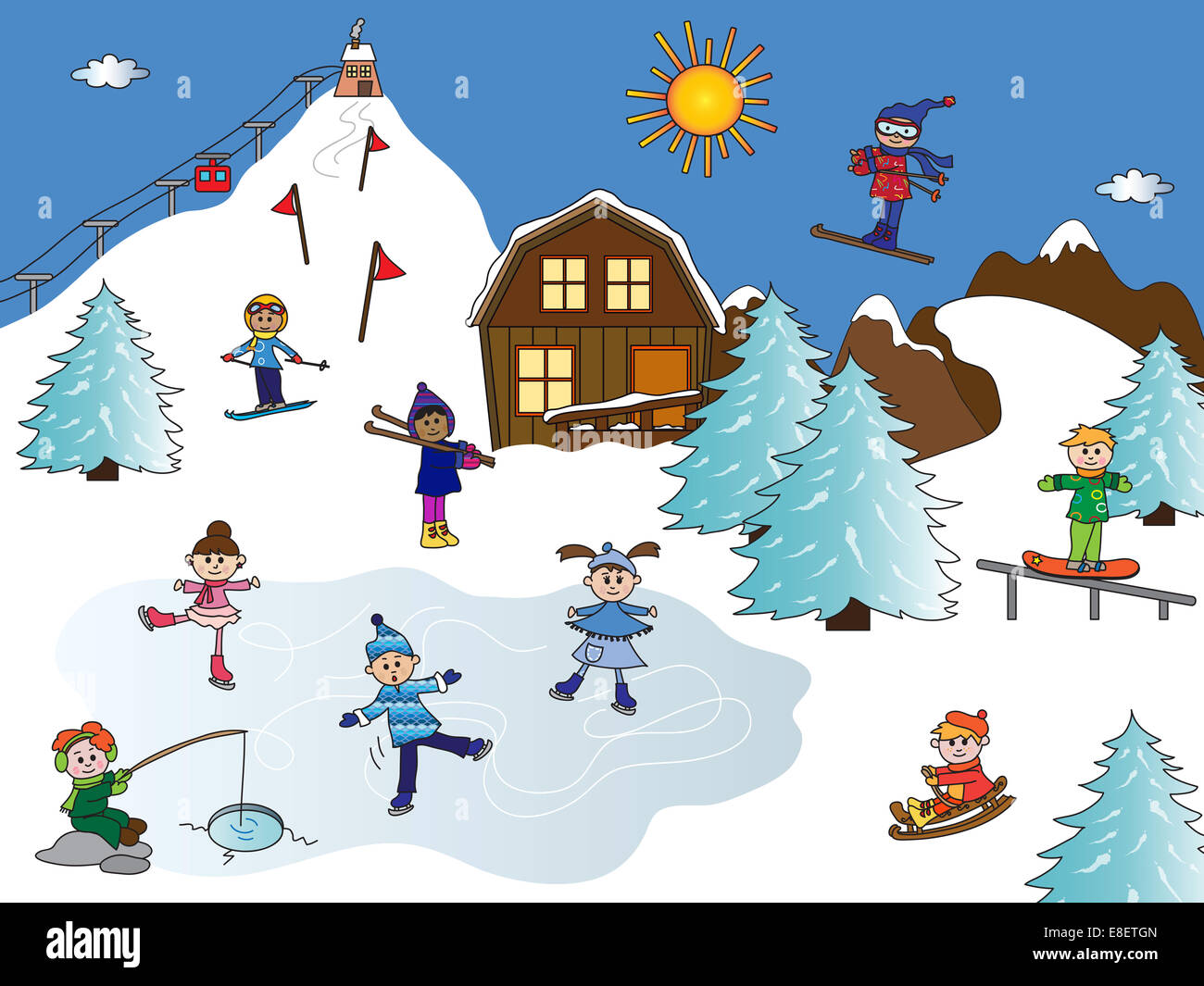 Illustration der Winterlandschaft mit Kindern Stockfotografie - Alamy