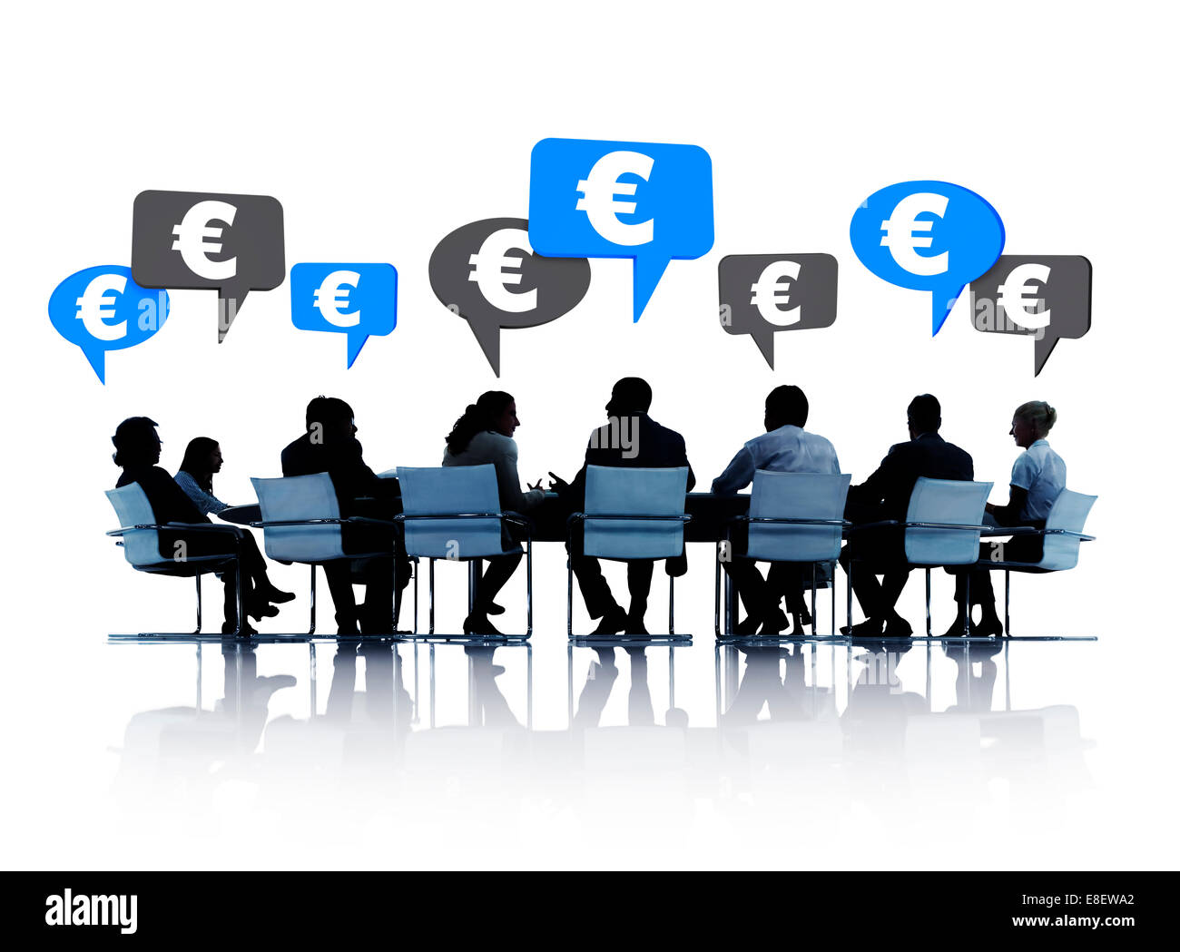 Silhouetten der Gruppe von Geschäftsleuten Euro rund um den Konferenztisch in weißem Hintergrund diskutieren. Stockfoto