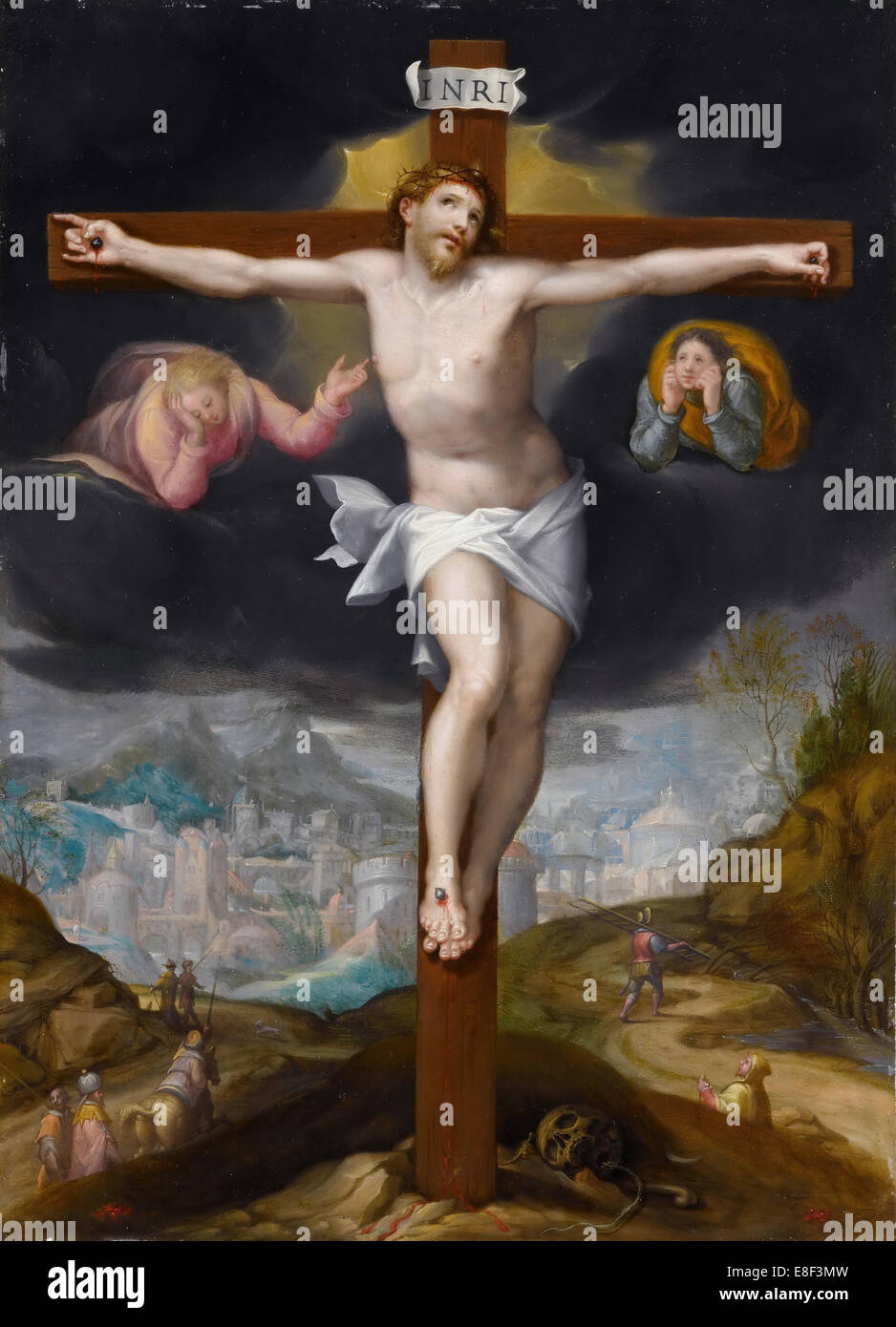 Christus am Kreuz zwischen zwei Engeln. Künstler: Mostaert, Gillis (1534-1598) Stockfoto