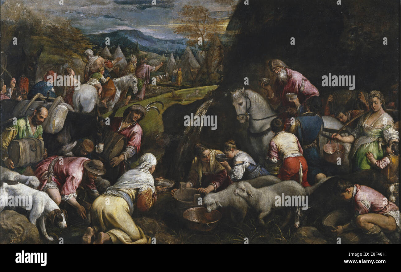 Moses Wasser aus dem Felsen zu schlagen. Künstler: Bassano, Jacopo, il Vecchio (ca. 1510-1592) Stockfoto