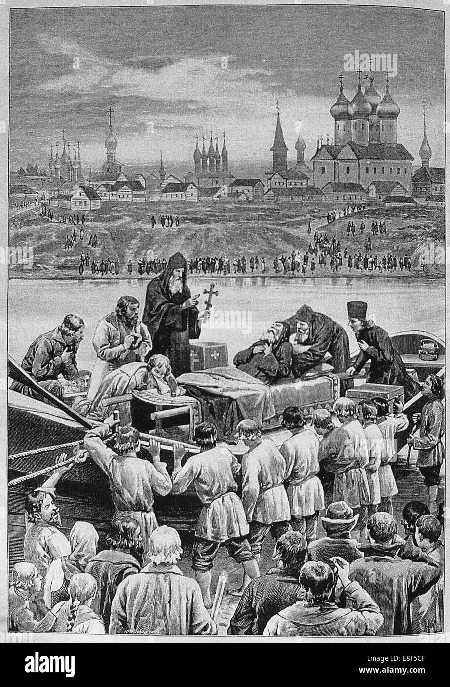 Der Tod des Patriarchen Nikon am Fluss Kotorosl im Tropino. Künstler: Dmitriev-Orenburgsky, Nikolai Dmitrijewitsch (1837-1898) Stockfoto