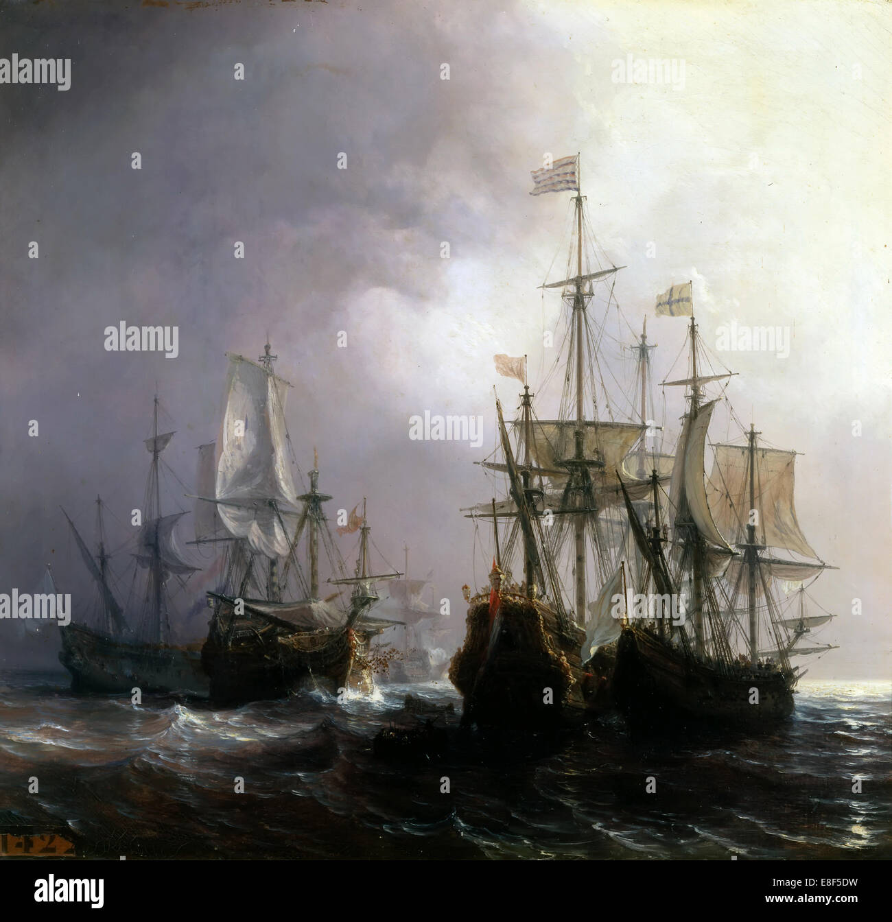 Erfassung von drei niederländischen kommerziellen Schiffen durch die französischen Schiffe Fidèle, Mutine und Jupiter, im Jahre 1711. Artist: Gudin, Theodore (1802-1880) Stockfoto