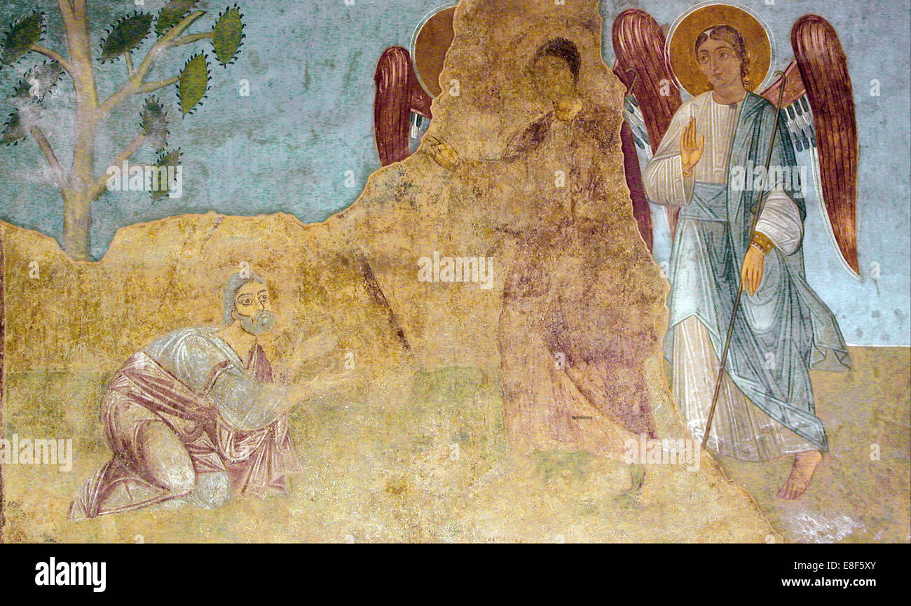 Die Gastfreundschaft von Abraham (alttestamentliche Dreifaltigkeit). Künstler: Alte russische Fresken Stockfoto