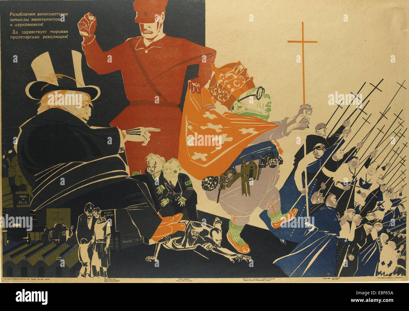 Wir setzen den anti-sowjetischen Pläne der Imperialisten und und kirchlichen Intrigen!. Artist: Moor, Dmitri Stachievich (1883-1946) Stockfoto