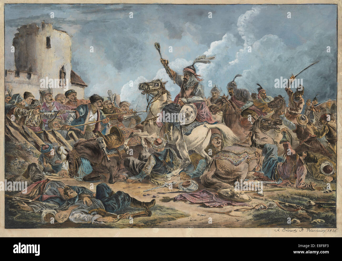 Schlacht zwischen den Georgiern und Bergstämme. Künstler: Orlowski (Orlovsky), Alexander Osipowitsch (1777-1832) Stockfoto