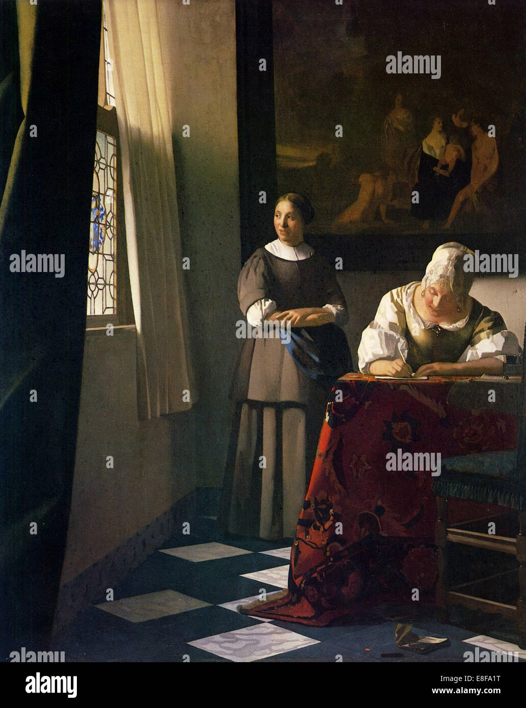 Lady schreiben einen Brief mit ihrer Magd. Künstler: Vermeer, Jan (Johannes) (1632-1675) Stockfoto
