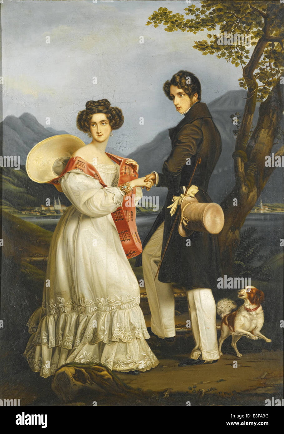Herzog Maximilian Joseph in Bayern und Ludovika von Bayern am Schloss Tegernsee. Künstler: Stieler, Joseph Karl (1781-1858) Stockfoto