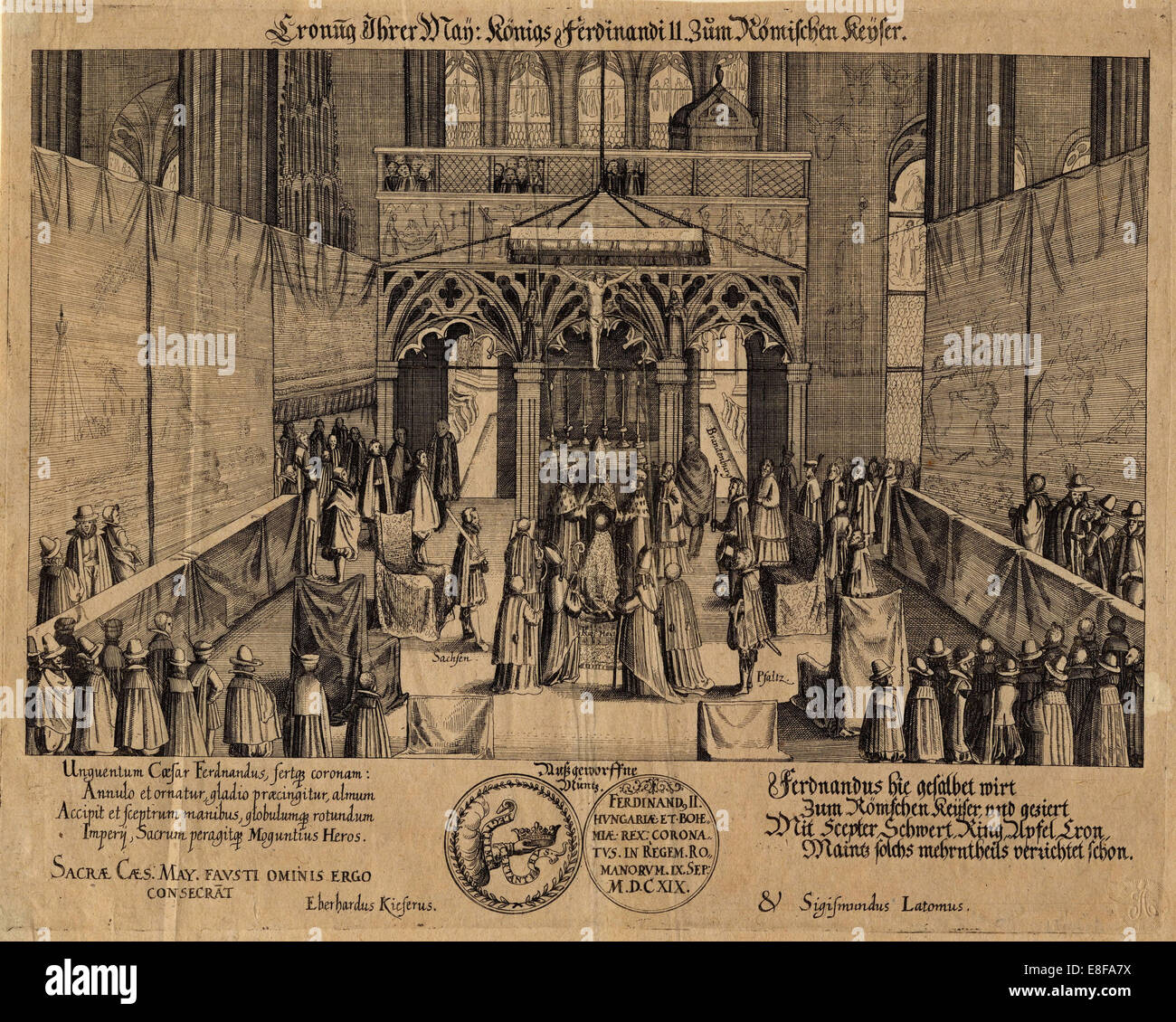 Die Krönung von König Ferdinand II. als römisch-deutscher Kaiser. Künstler: Kieser, Eberhard (1583-1631) Stockfoto