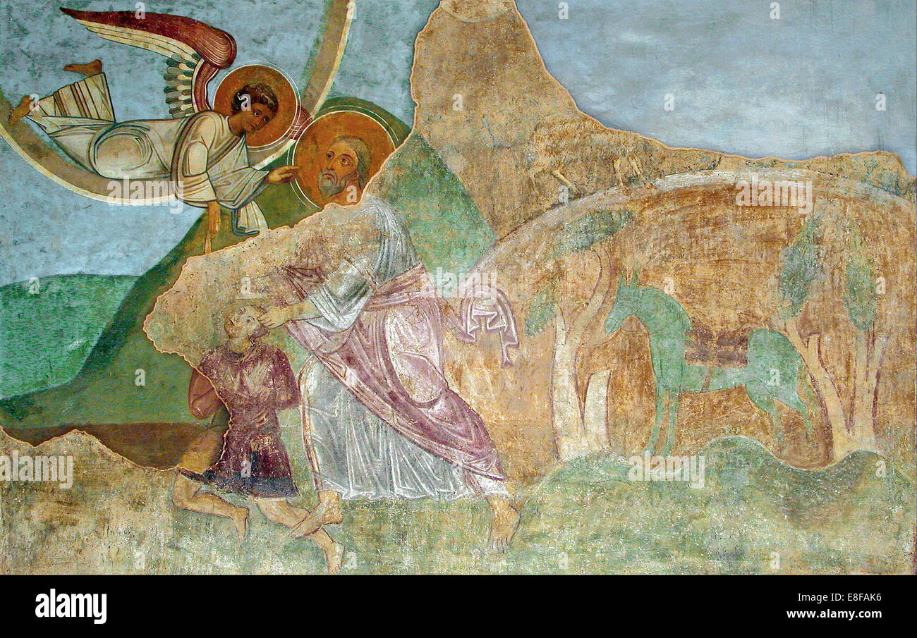 Abraham opfert Isaak. Künstler: Alte russische Fresken Stockfoto