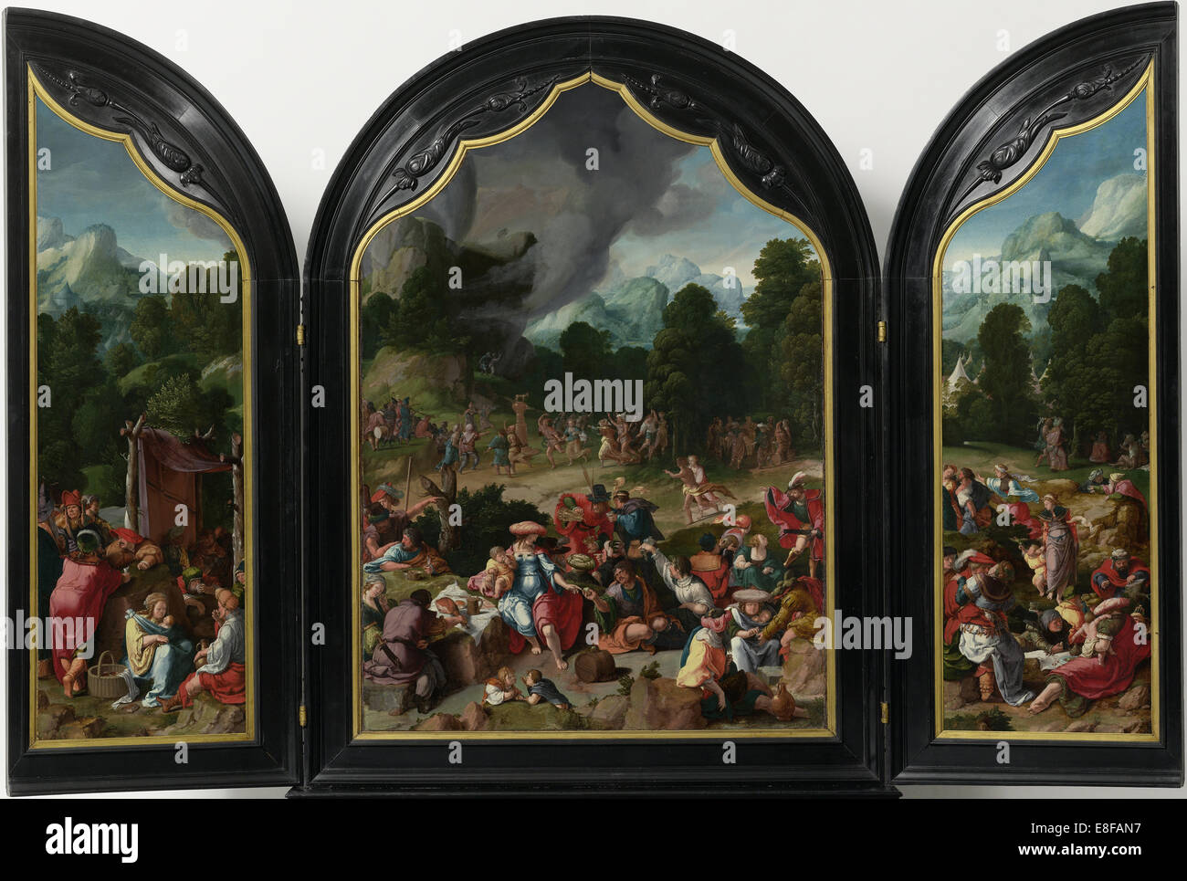 Triptychon mit der Anbetung des goldenen Kalbes. Künstler: Leyden, Lucas van (1489/94-1533) Stockfoto