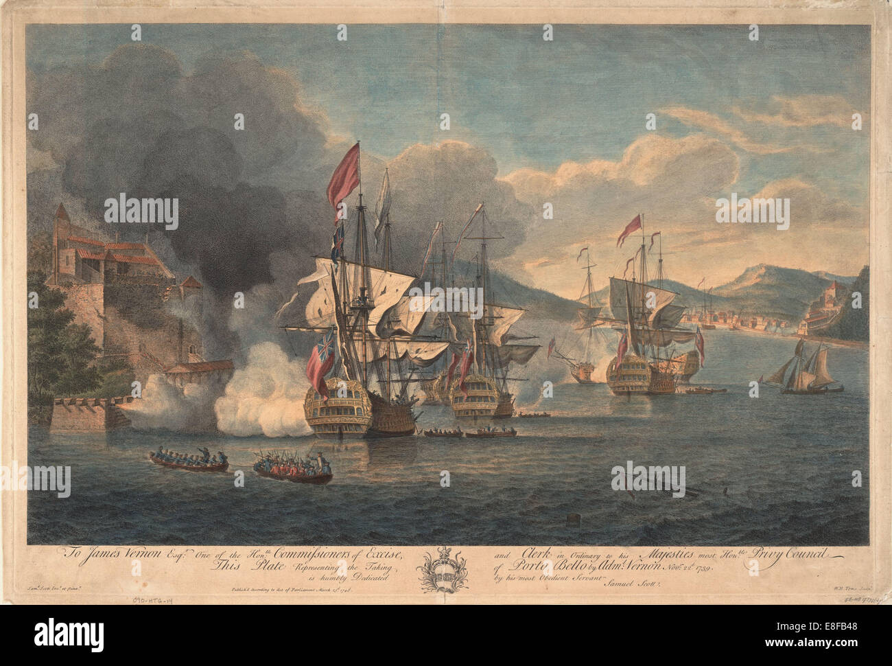 Erfassen von Porto Bello von Admiral Edward Vernon am 22. November 1739. Künstler: Scott, Samuel (1702-1772) Stockfoto
