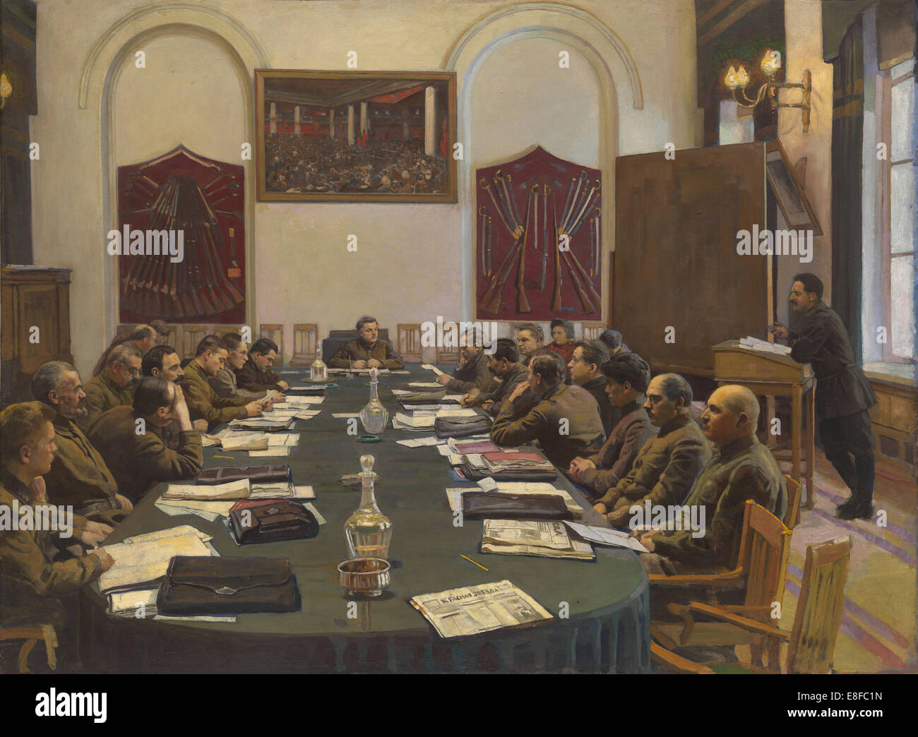 Montage des Revolutionären Militärrates der UDSSR, unter dem Vorsitz von Kliment Woroschilow. Artist: Brodsky, Isaak Izrailevich (1884-1939) Stockfoto