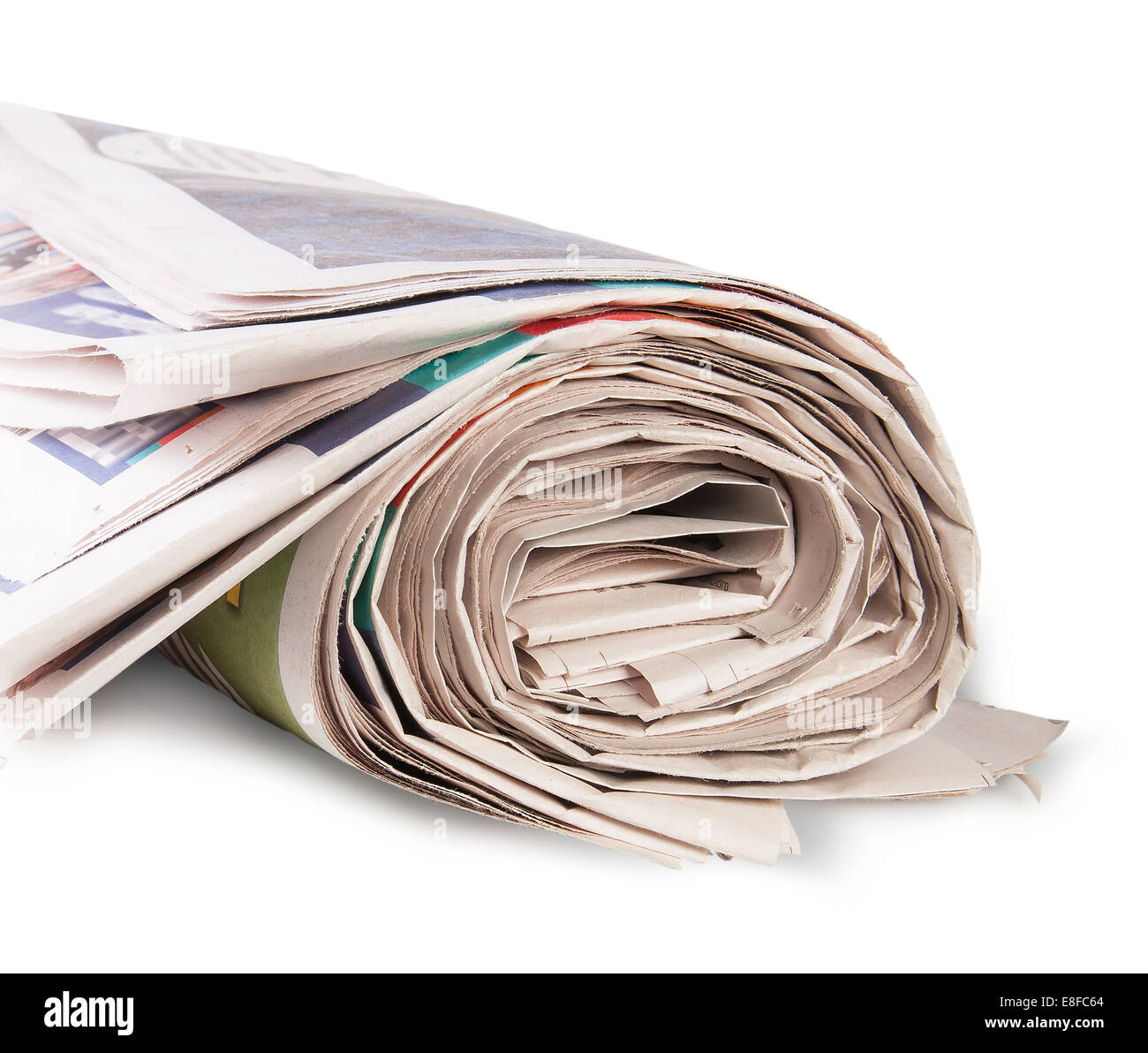 Aufgerollt, Zeitung, Isolated On White Background Stockfoto