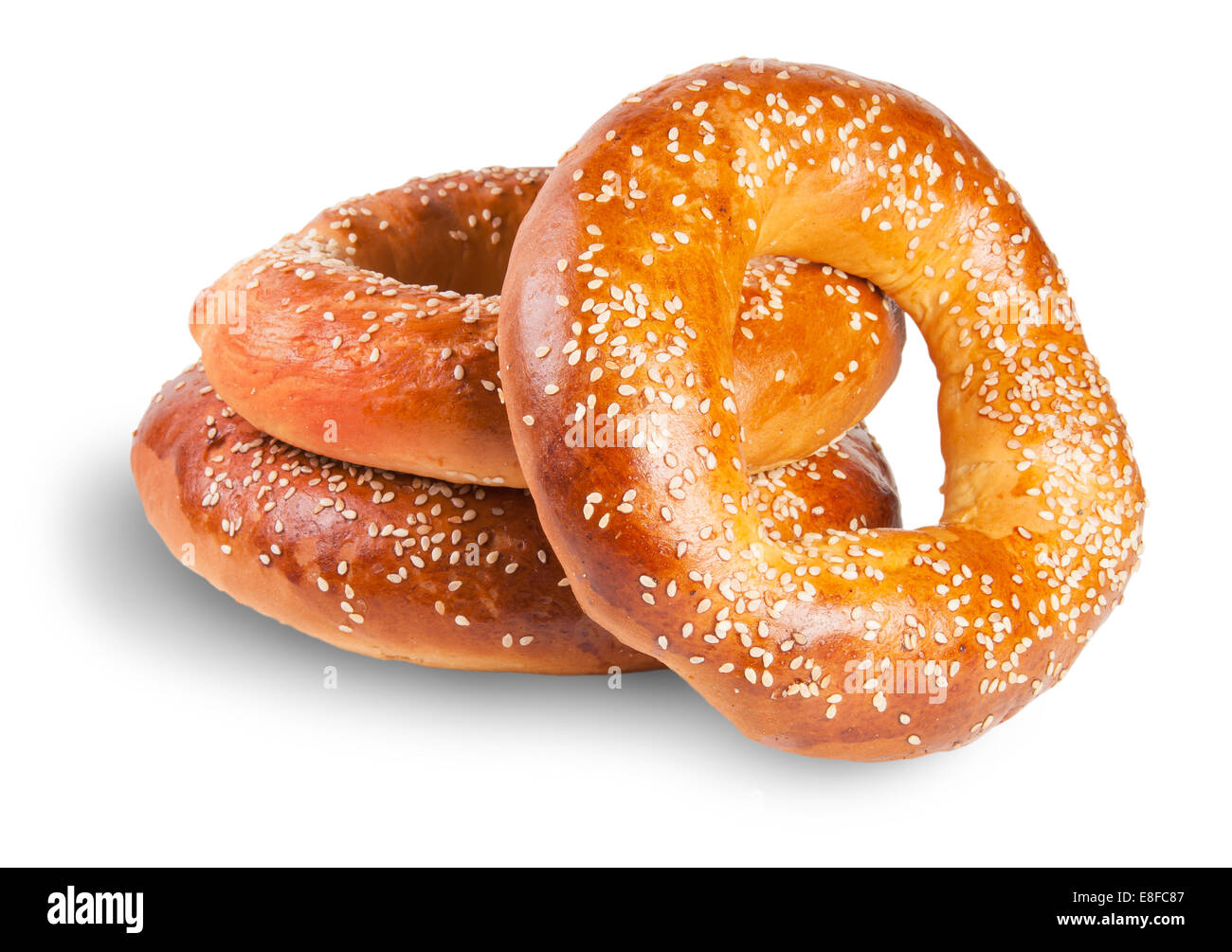 Drei Bagels mit Sesam, Isolated On White Background Stockfoto