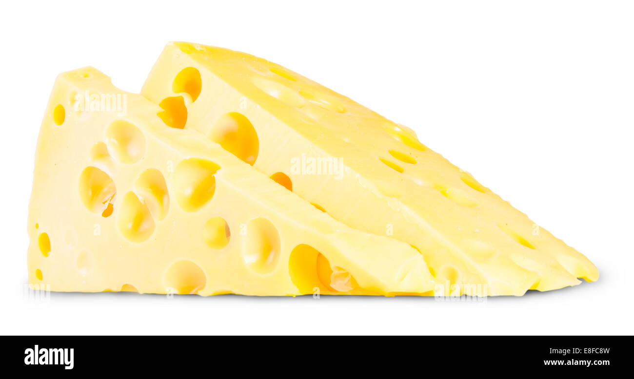Zwei Stücke von Käse, Isolated On White Background Stockfoto