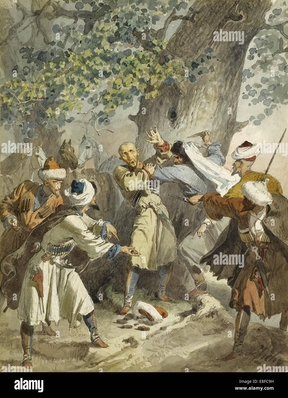 Halten! (Aus der Serie Scènes du Kaukasus). Künstler: Zichy Mihály (1827-1906) Stockfoto