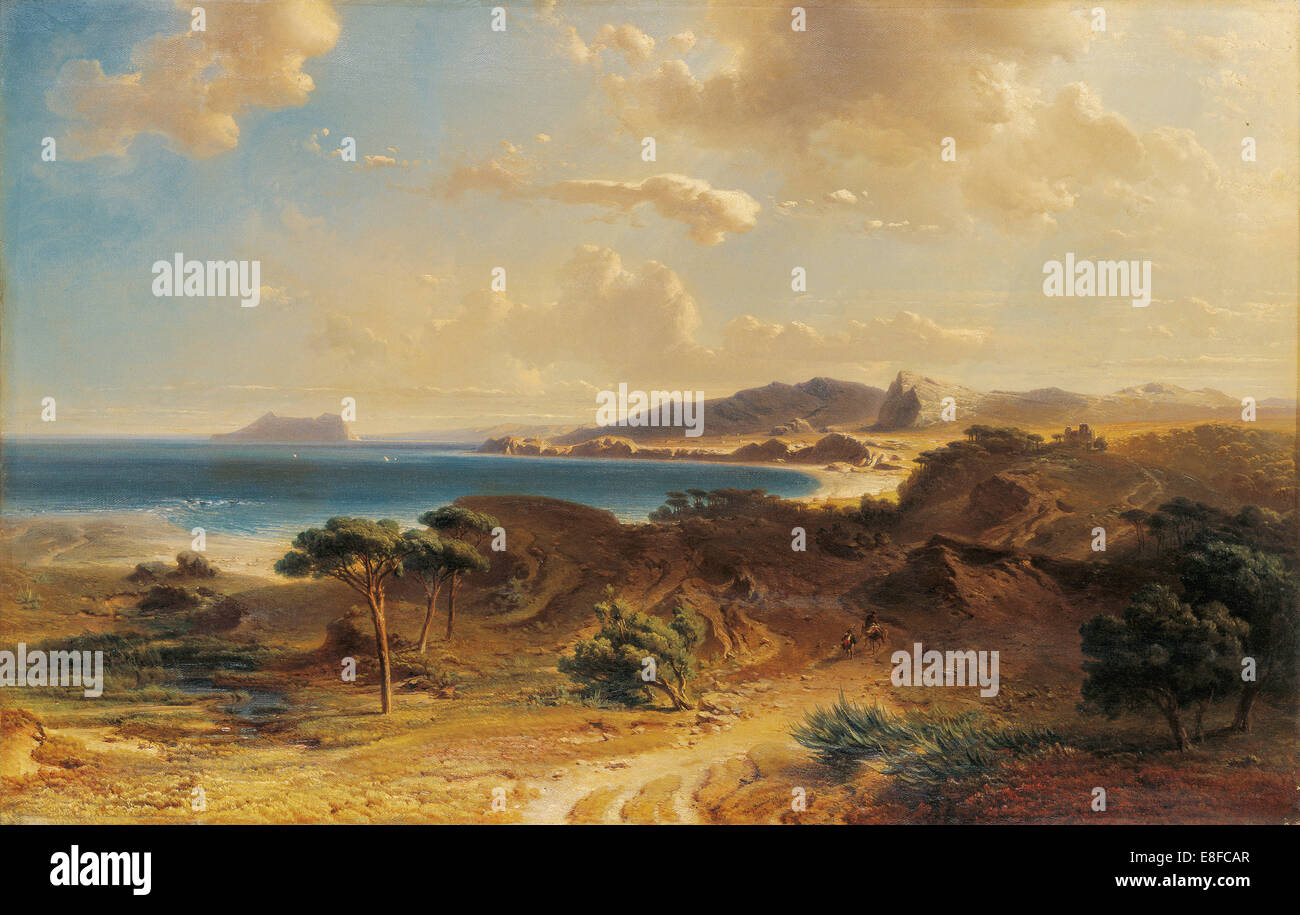 Der Strand in Estepona mit Blick auf den Felsen von Gibraltar. Künstler: Bamberger, Fritz (Friedrich) (1814-1873) Stockfoto