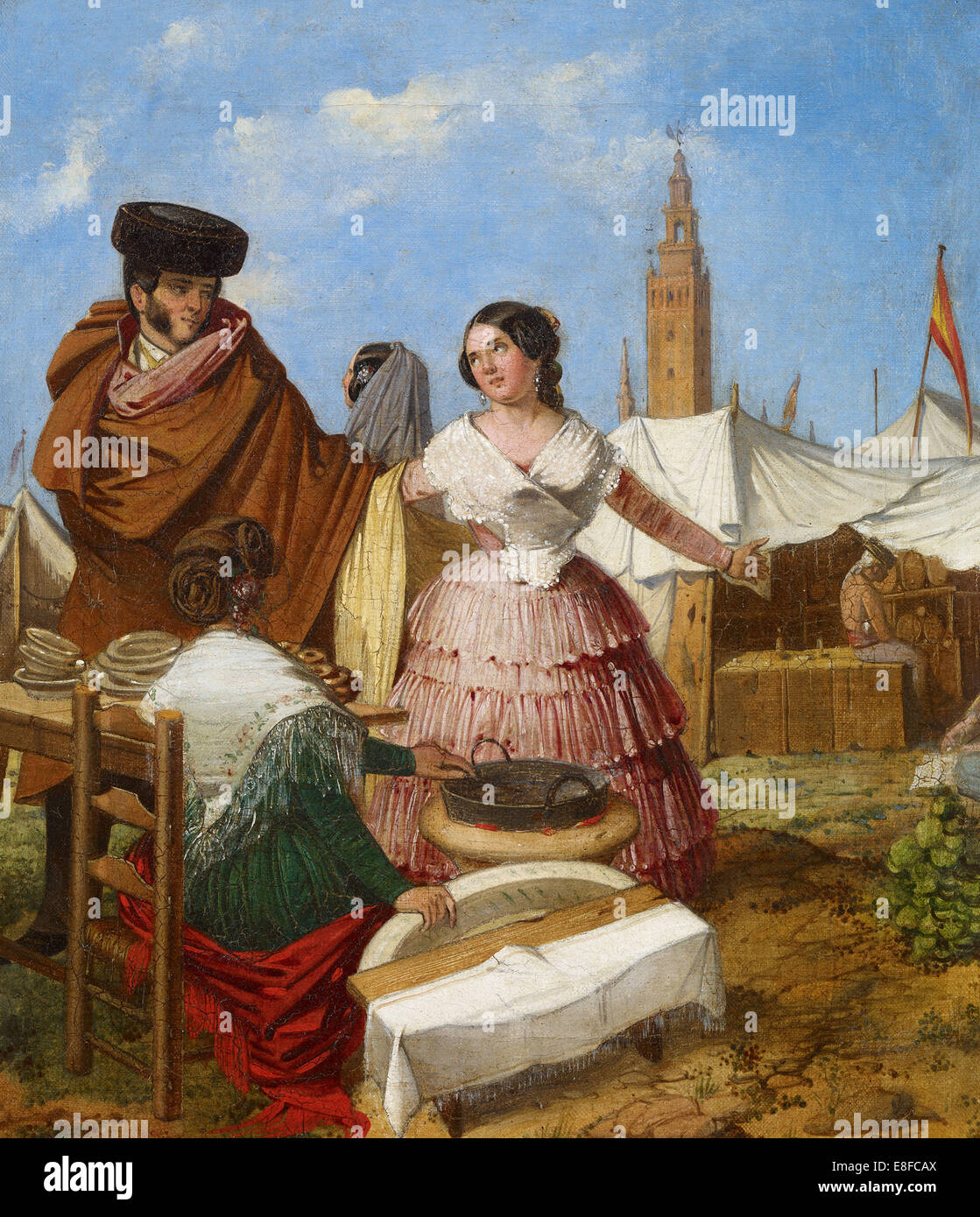 Den Hof in ein ringförmiges Gebäck-Stand auf der Feria de Sevilla. Künstler: Benjumea, Rafael (c. 1825-c. 1887) Stockfoto