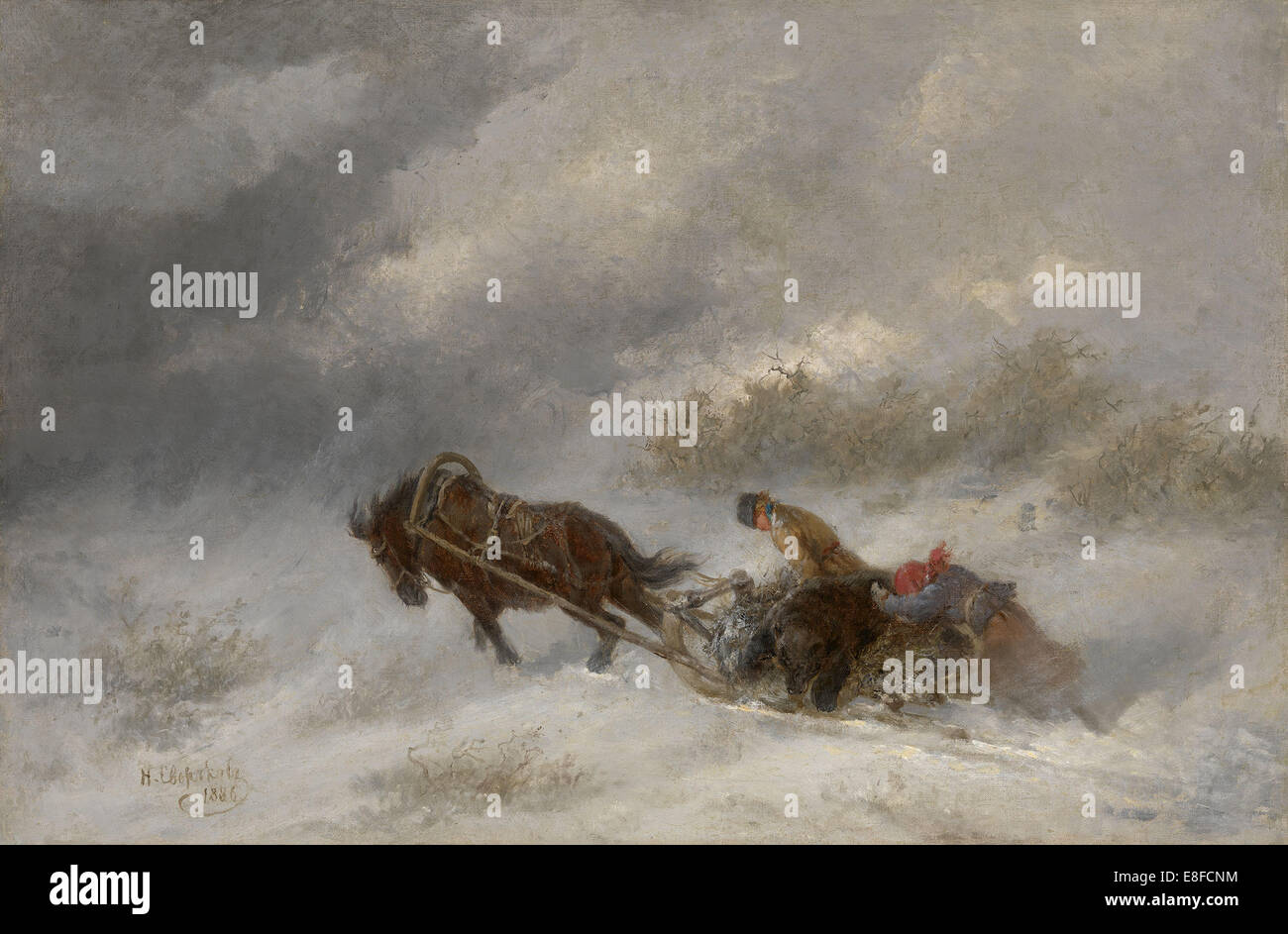 Jäger im Schneesturm zu tragen. Künstler: Swertschkow, Nikolai Jegorowitsch (1817-1898) Stockfoto