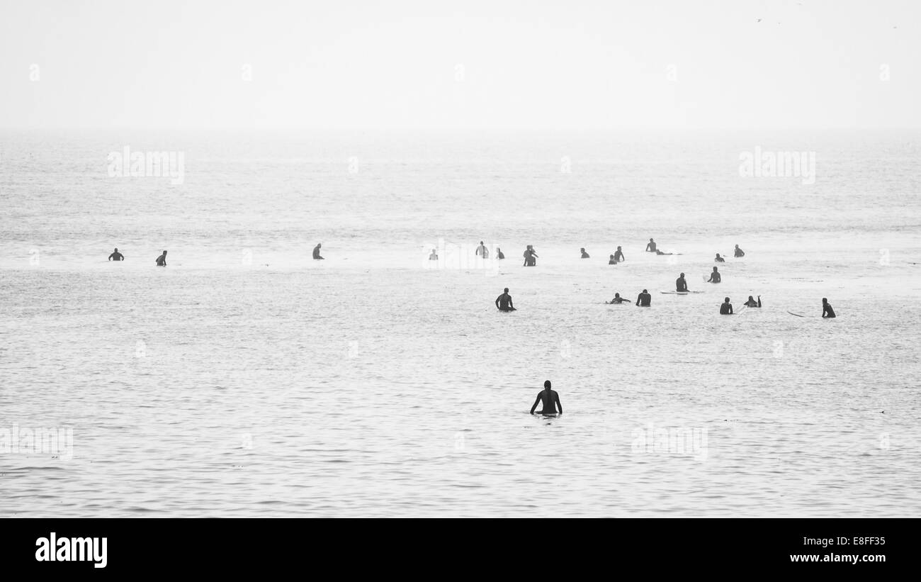 Große Gruppe von Surfern im Ozean wartet um eine Welle zu erwischen Stockfoto