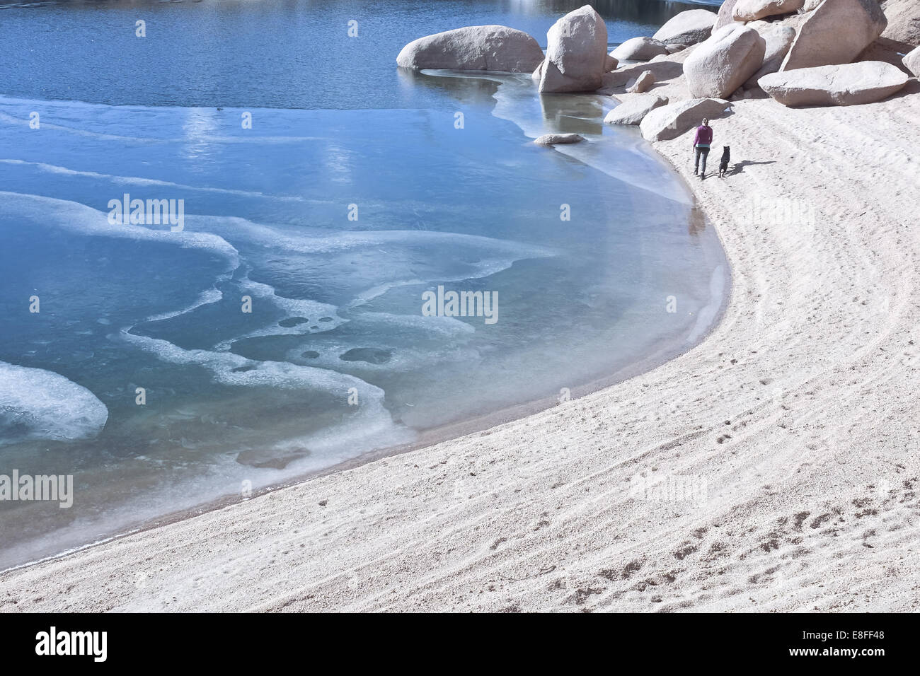 Frau mit Hund zu Fuß entlang Strand und gefrorenen See, Colorado, USA Stockfoto