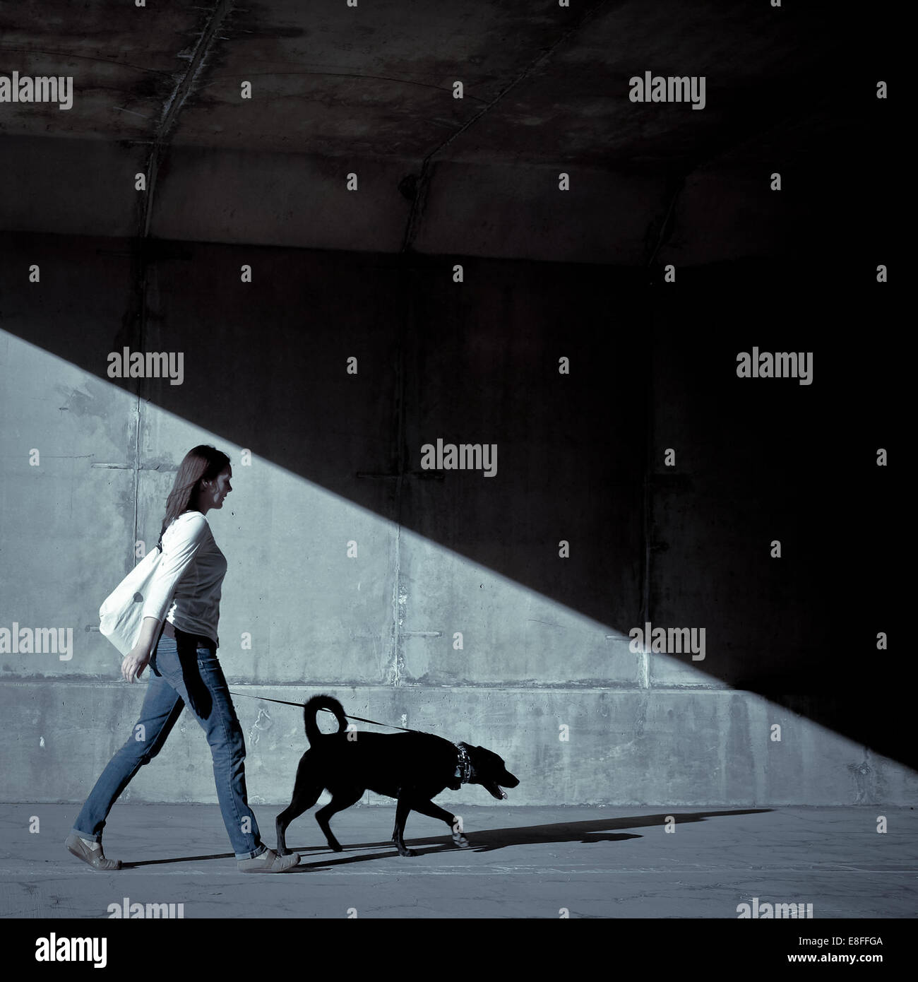 Frau mit Hund unter Brücke Stockfoto