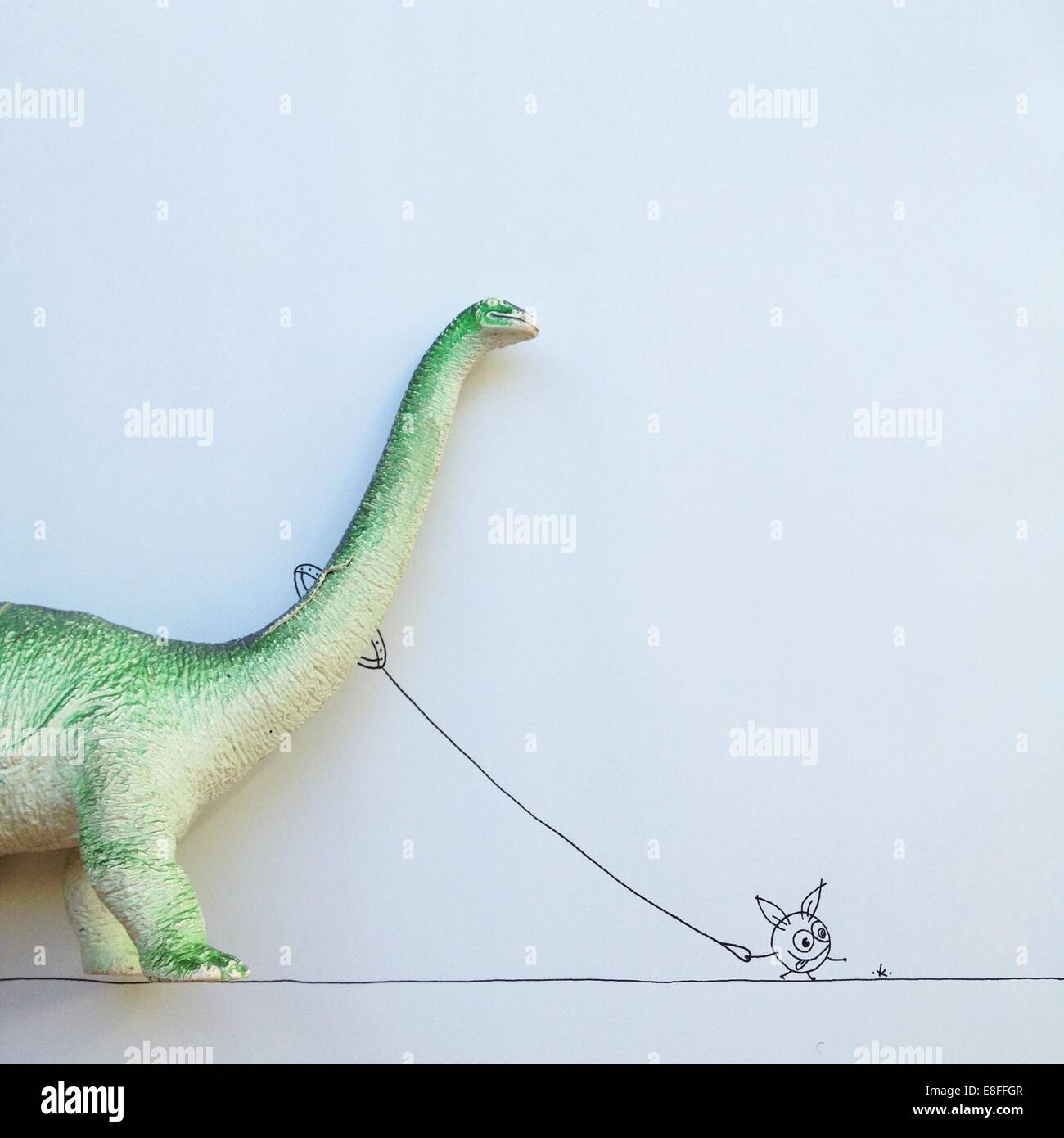 Konzeptionelle Fantasy Charakter nehmen Dinosaurier für Spaziergang Stockfoto