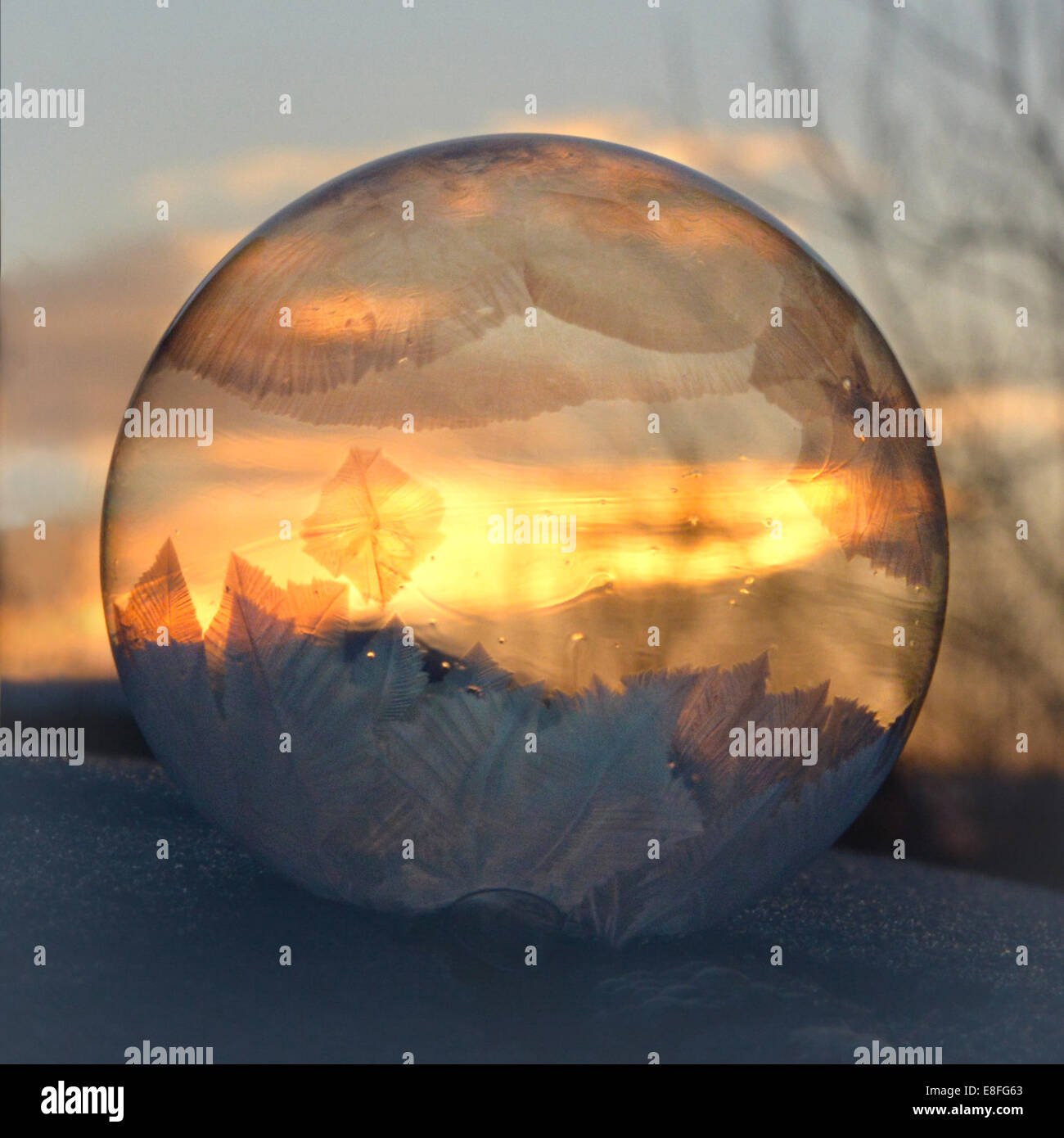 Gefrorene Seifenblase bei Sonnenaufgang, Colorado, Vereinigte Staaten Stockfoto