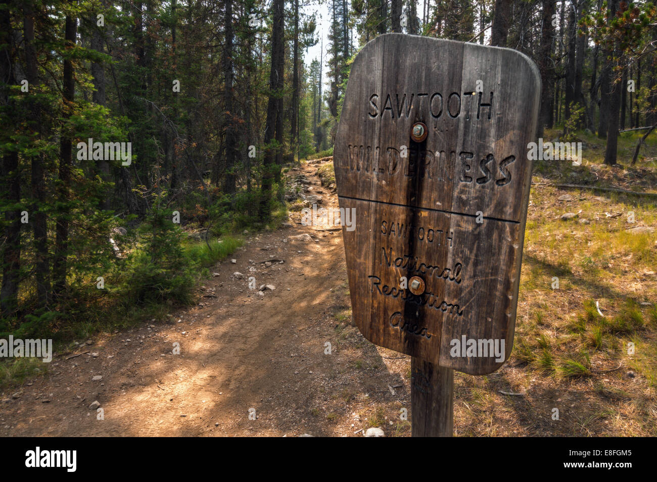 USA, Idaho, Custer County, Stanley, Blick auf alten hölzernen Wanderweg anmelden Stockfoto