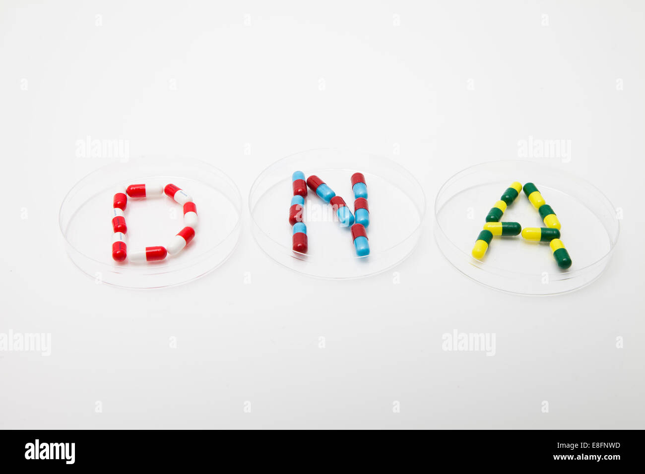 Wort-DNA, bestehend aus verschiedenen Pillen in drei Petrischalen Stockfoto