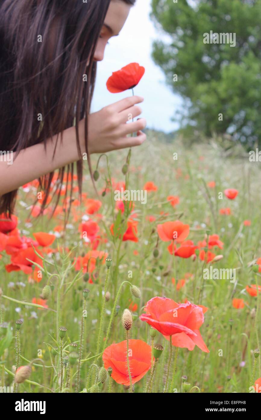 Mädchen, Kommissionierung und pop Blume riechen Stockfoto