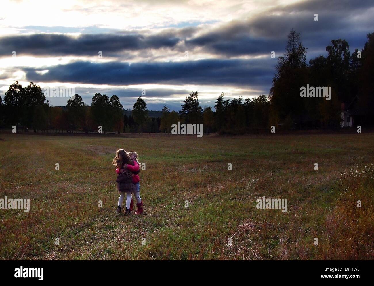 Zwei Mädchen stehen auf einer Wiese, die sich umarmen, Schweden Stockfoto