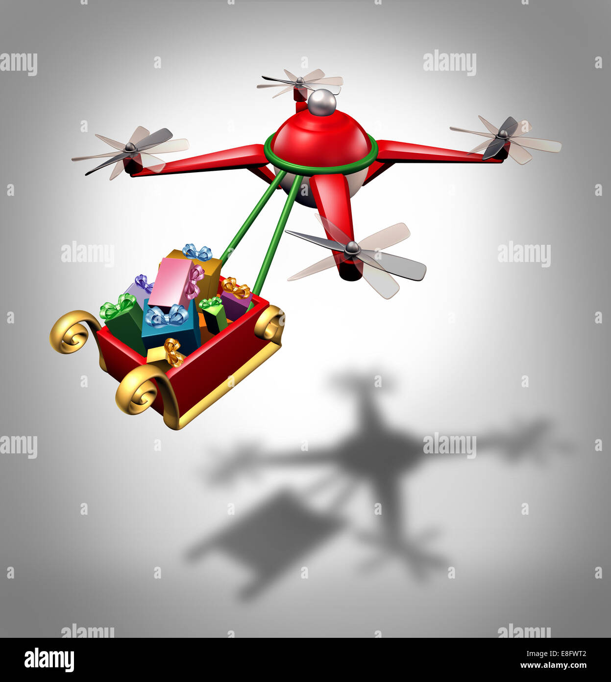 Drone Urlaub Geschenke Lieferung als Weihnachten Schlitten Konzept präsentiert mit einem Weihnachtsmann liefern Fracht als Symbol der neuen Verkehrstechnik Quadrocopter fliegen zu transportieren. Stockfoto