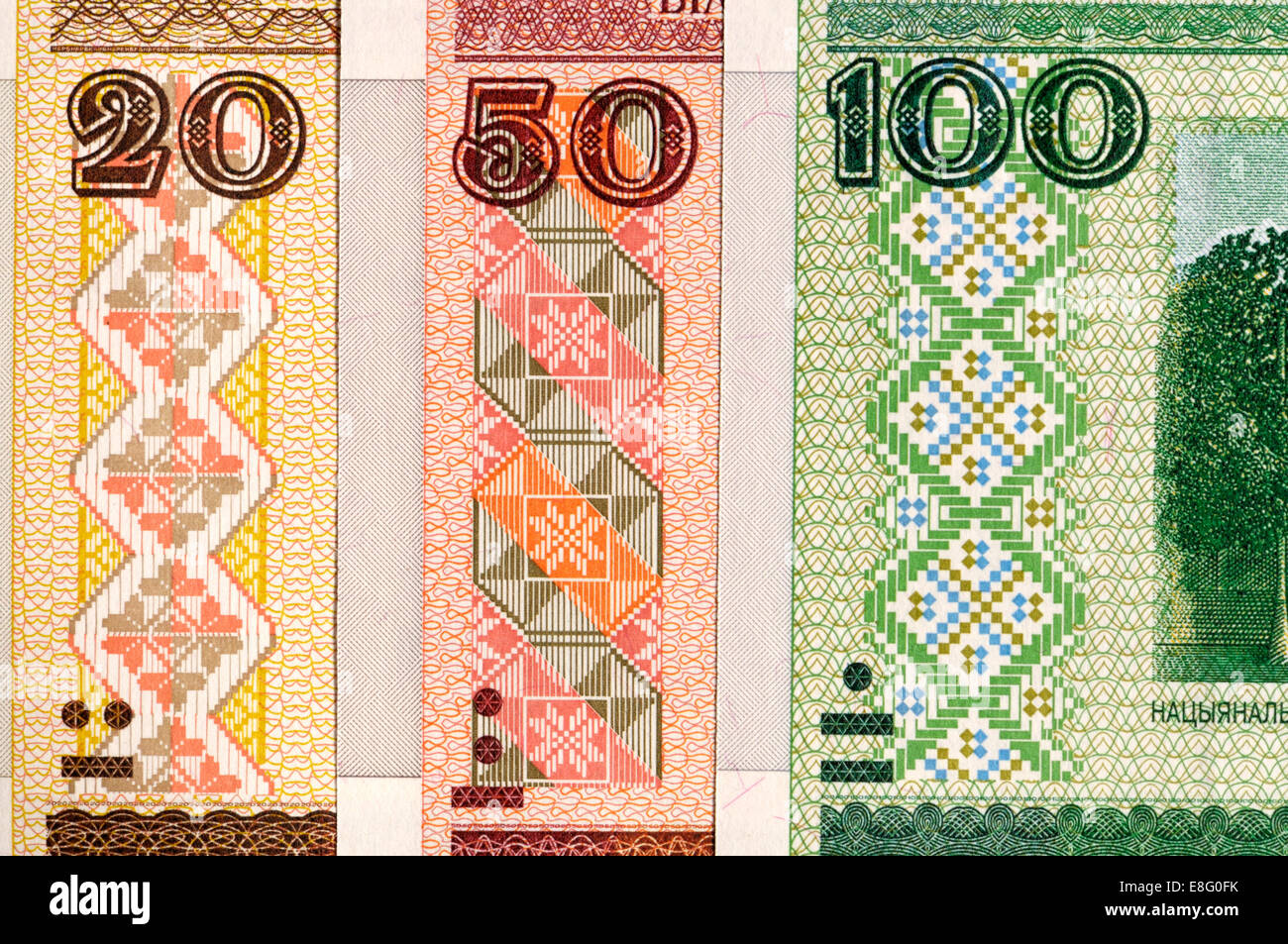 Detail der Belarus-Banknoten zeigen die blinde Code - erhöhte Stichtiefdruck gedruckt Feature, die Blinden zu helfen. 20, 50 und 100 Rubel Stockfoto