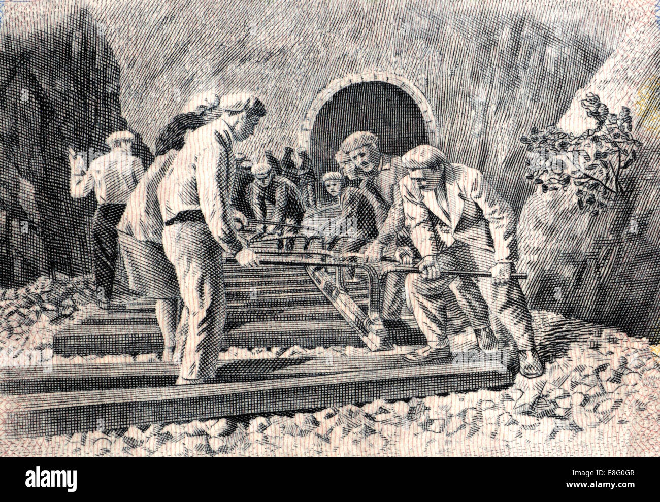 Ausschnitt aus einer der 1950er Jahre bulgarische Lev 25 Banknote zeigt Männer, die Verlegung der Bahnstrecke Stockfoto