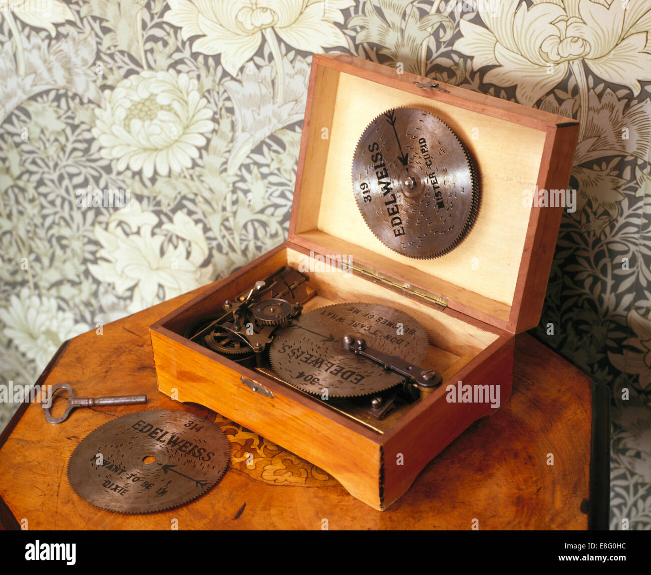Nahaufnahme der Antike Spieluhr mit original-discs Stockfoto