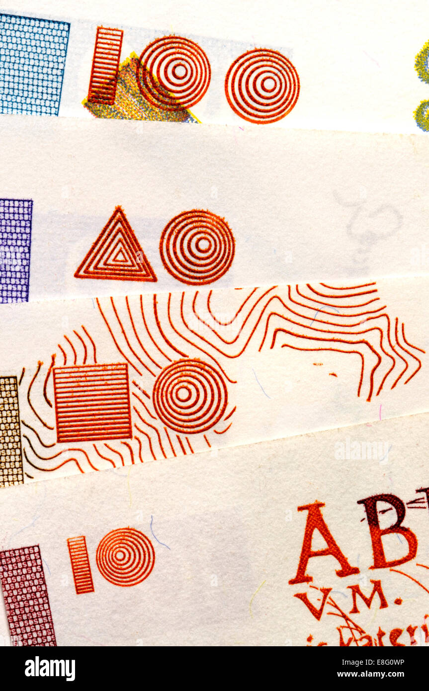 Detail des slowenischen Banknoten (vor dem Beitritt zum Euro) zeigt die blinde Code, Tiefdruck Drucken helfen Identifikation angehoben Stockfoto