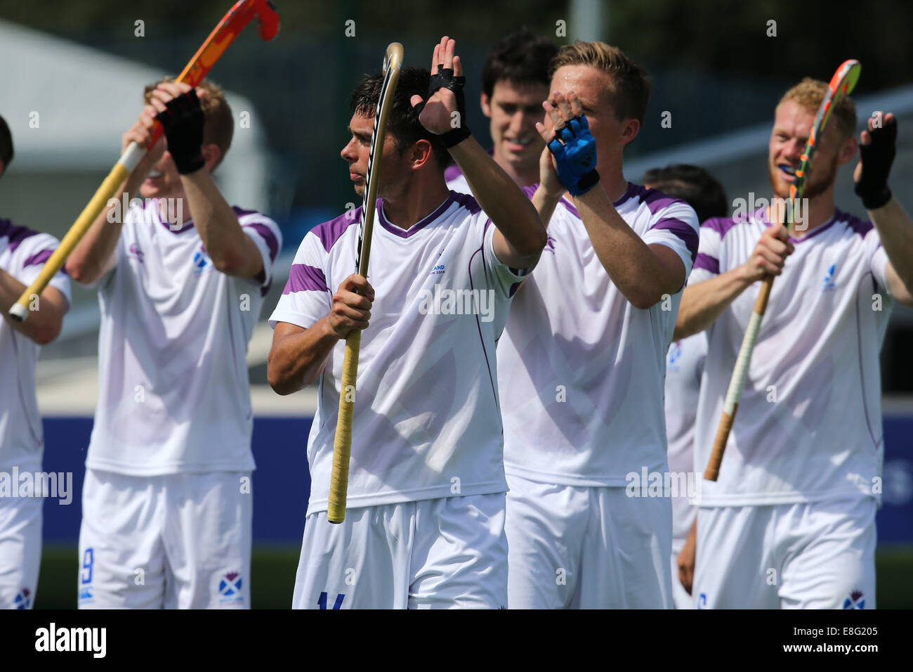 Die Schottland Spieler feiern den Sieg - Schottland v Wales. Hockey - Hockey Centre Glasgow - Glasgow, Schottland, UK - 280 Stockfoto