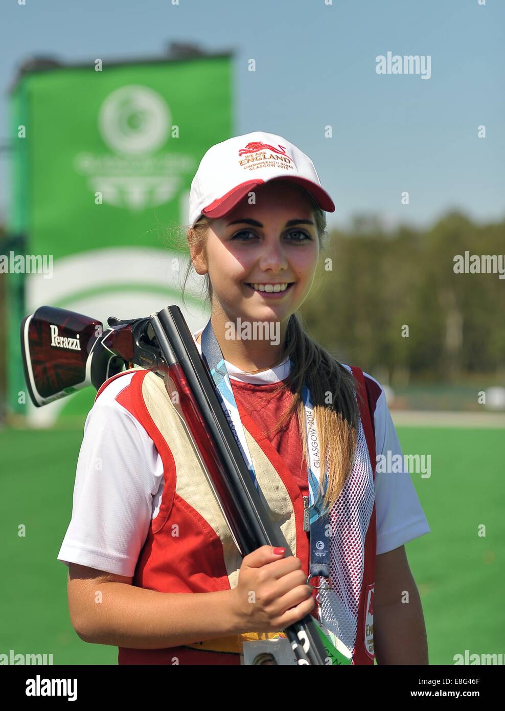 Amber Hill (ENG). Womens Skeet. Shooting.Barry Buddon Shooting Centre, Dundee, Schottland, UK - 250714 - Glasgow 2014 Commonwealt Stockfoto