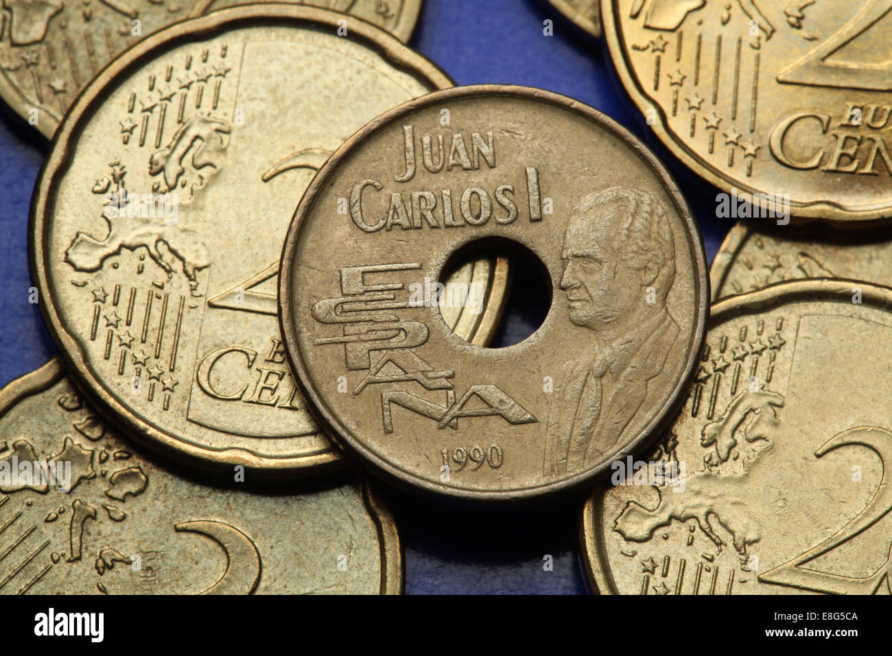 Münzen von Spanien. König Juan Carlos i. von Spanien in die alte spanische 25 Peseten-Münze abgebildet. Stockfoto