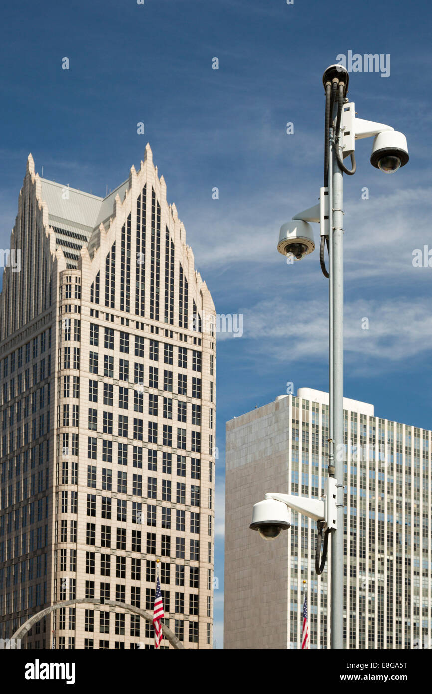 Detroit, Michigan - Überwachungskameras in Hart Plaza in der Innenstadt von Detroit. Stockfoto