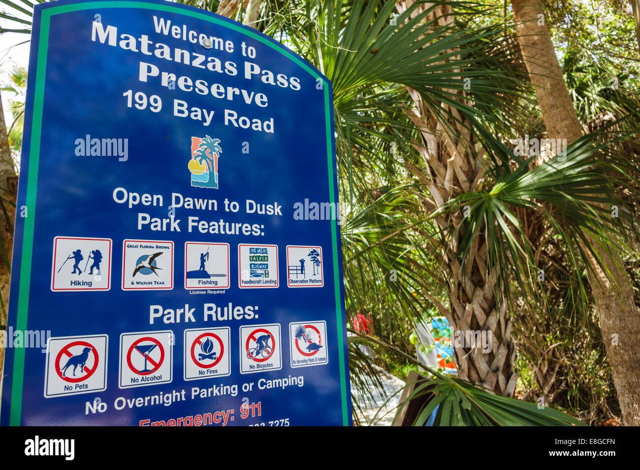 Fort Ft. Myers Beach Florida, Golf von Mexiko, Schild, Logo, Matanzas Pass Preserve, Park, Regeln, Features, Besucher reisen Reise touristischer Tourismus landma Stockfoto