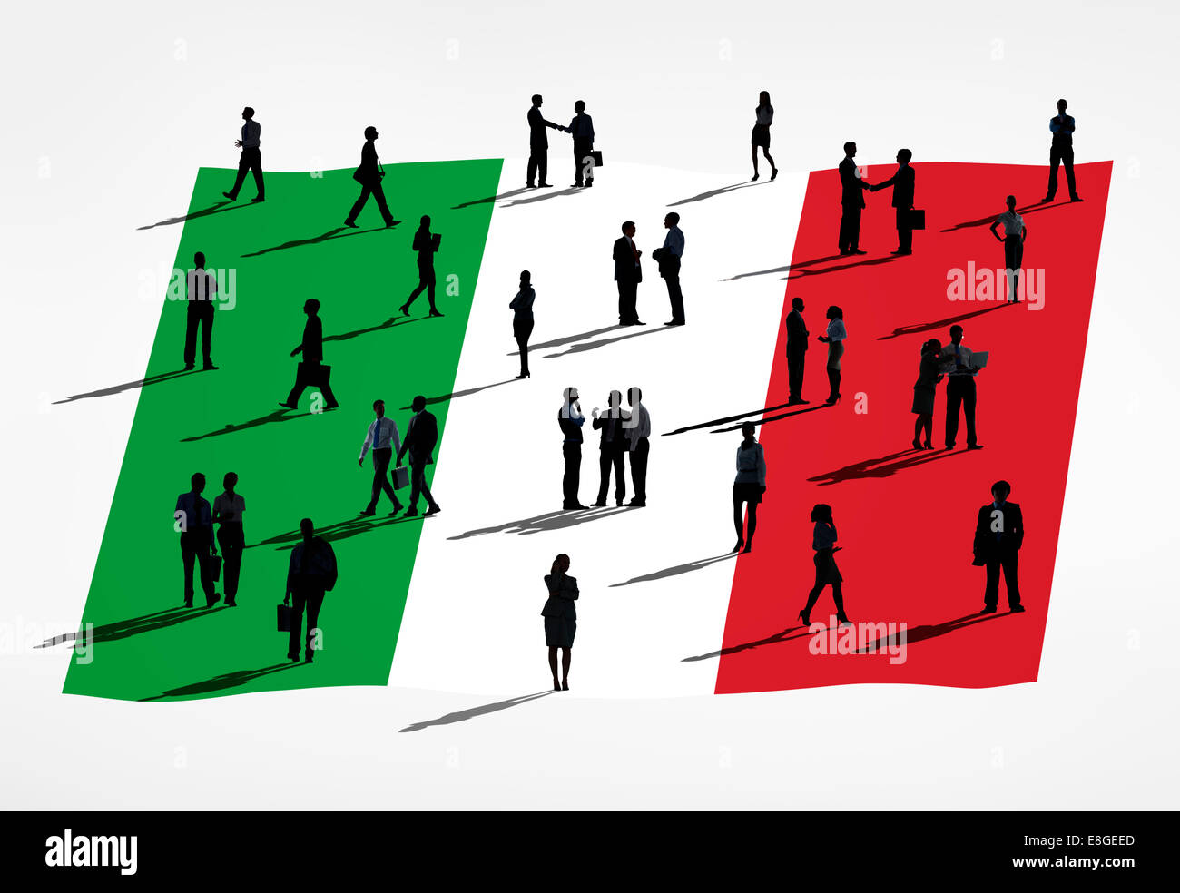 Italienische Flagge und eine Gruppe von Geschäftsleuten. Stockfoto
