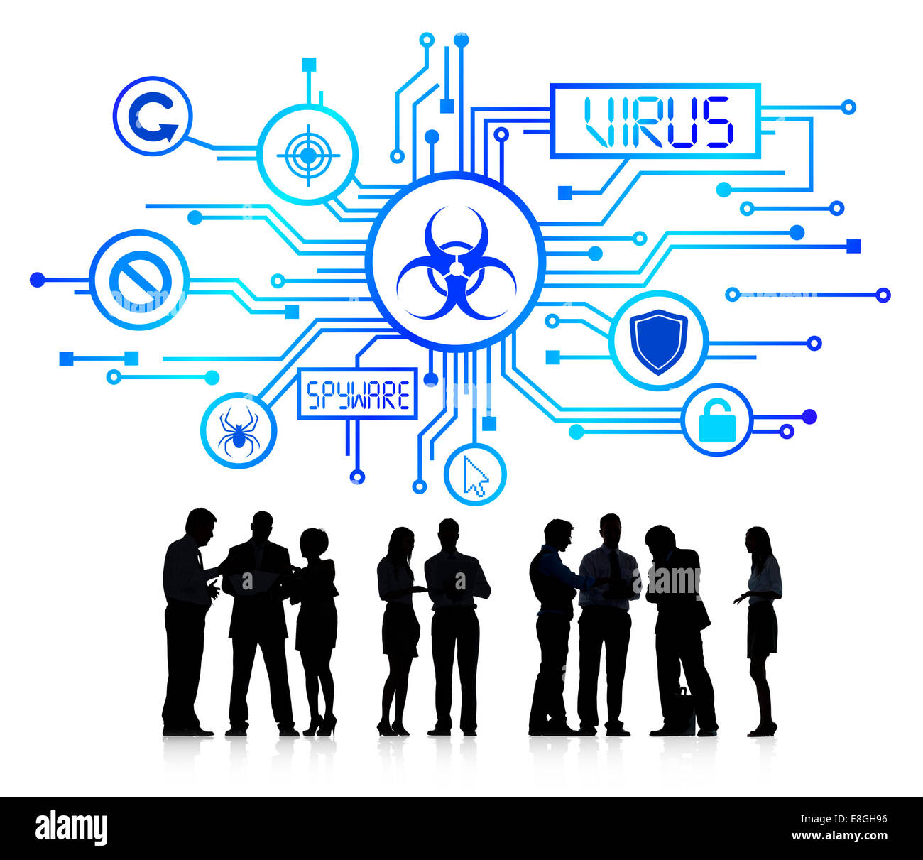Silhouette-Gruppe von Geschäftsleuten mit Virus-Konzept Stockfoto
