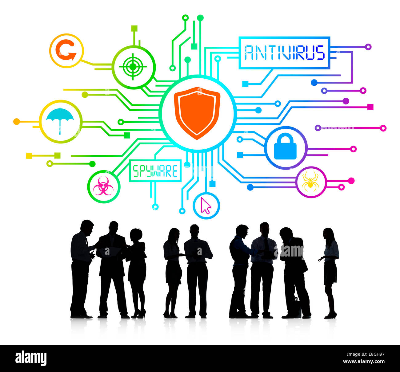 Silhouetten von Geschäftsleuten mit Antivirus und Spyware-Konzept Stockfoto