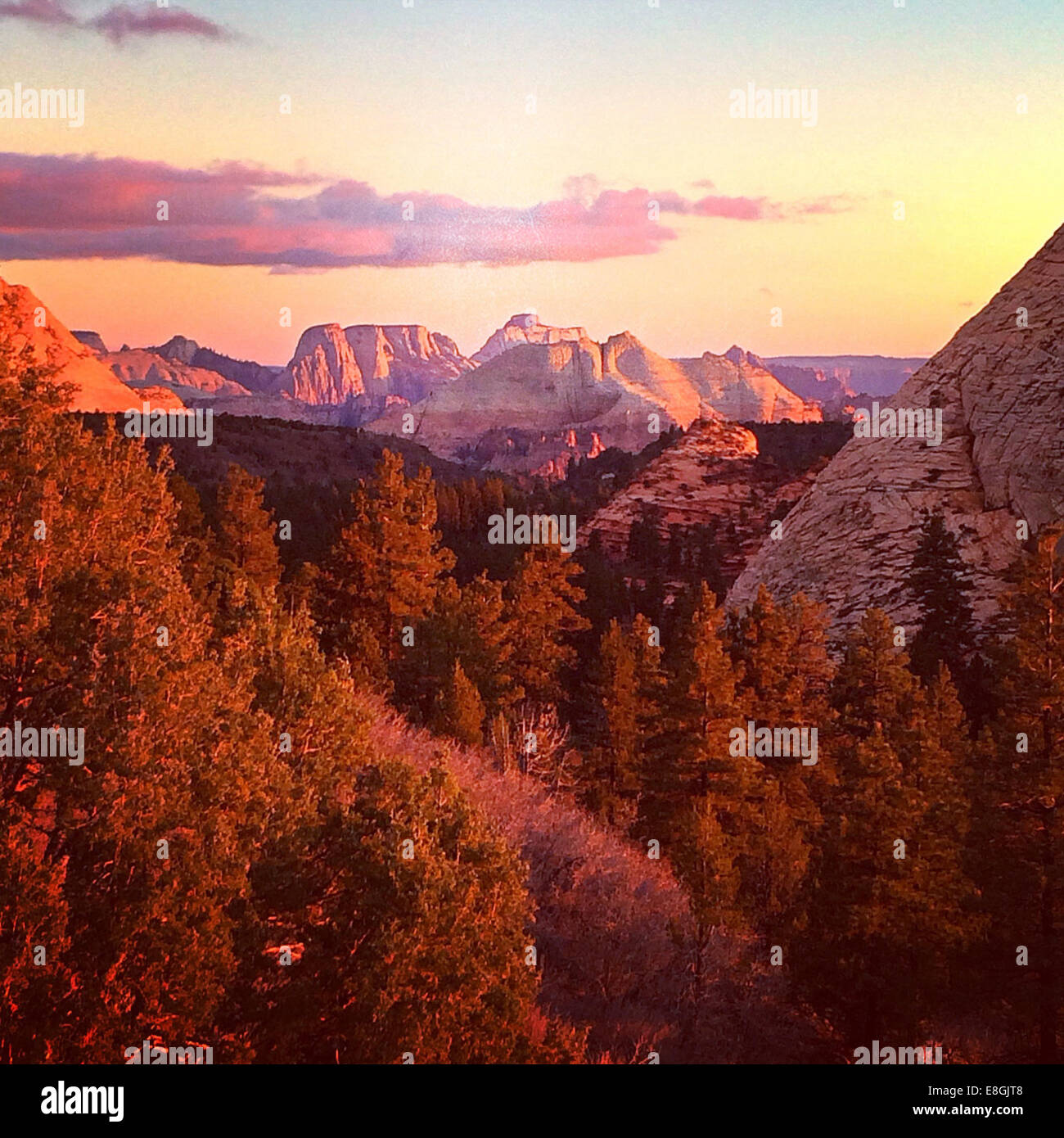Dramatische Landschaft bei Sonnenuntergang, Zion Nationalpark, Utah, USA Stockfoto