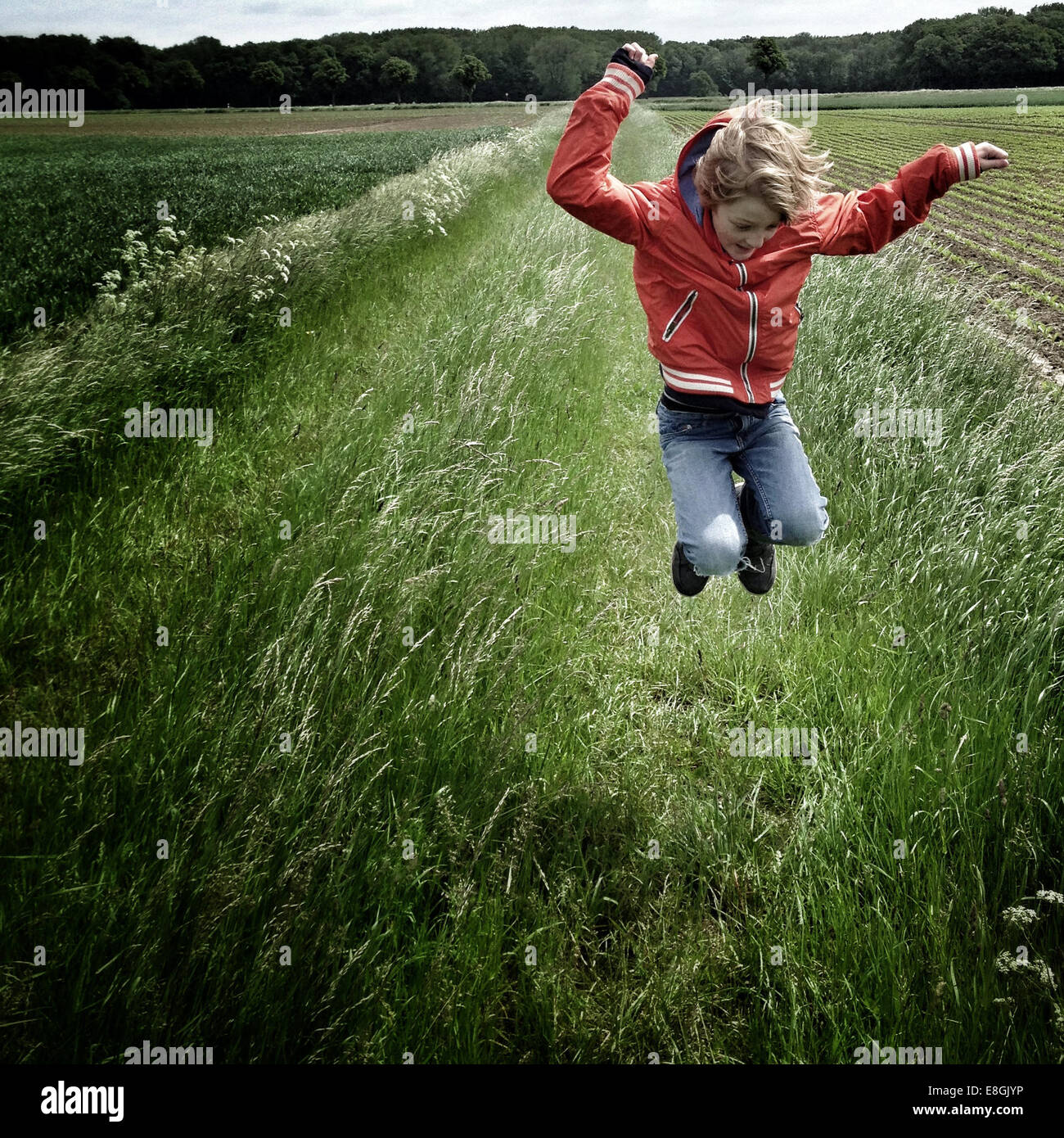 Boy Jumping in a Field, Deutschland Stockfoto