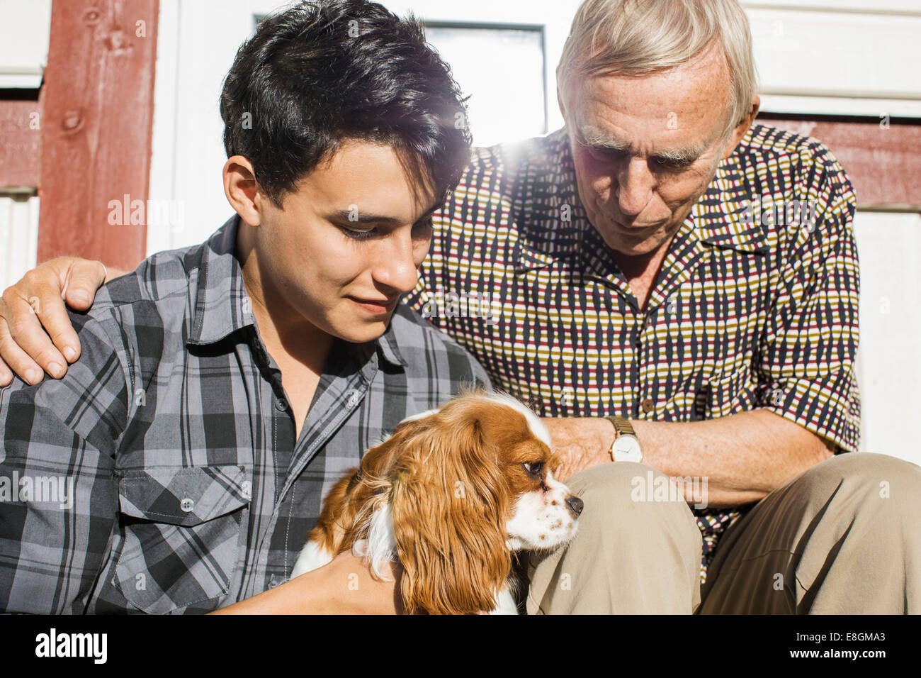Enkel und Großvater Hund draußen Haus betrachten Stockfoto